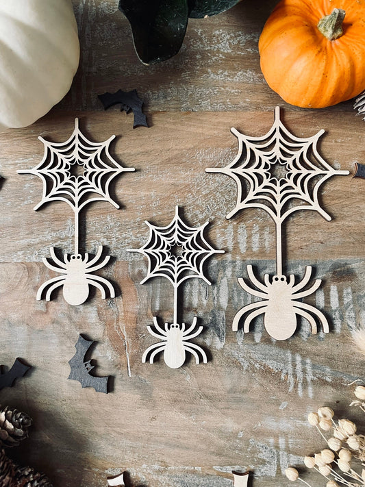 5x Wooden Halloween Spider and Cobweb Shapes from 100mm Height | Halloween Decor | 3mm Thick Laser Cut Plywood Blanks | Craft Shapes