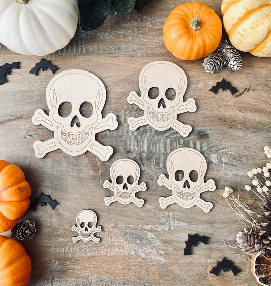 10x Wooden Halloween Skull and Crossbones Decor | Halloween Decor | 3mm Thick Laser Cut Plywood Blanks | Craft Shapes