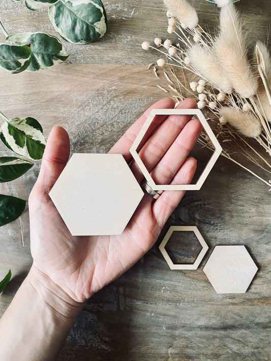 10x Wooden Hexagons / Hollow Hexagon Wood Tiles | Wooden Cutouts 3mm Plywood Laser Cut Wood